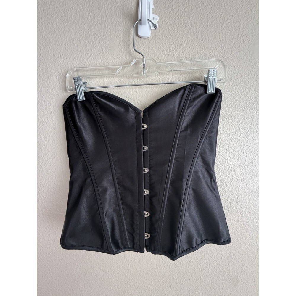 Black Satin Strapless Corset Bustier Top S LaceUp Back HookEye Y2K Goth Coquette